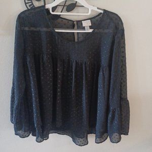 A New Day Bell Sleeve Black Polka Dot Blingy Blouse Ruffle on Bottom Size Large